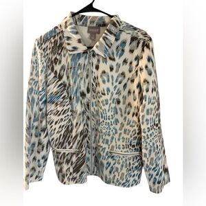 Chico's Blue and Brown Bomber Jacket with Animal Print